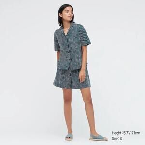 Uniqlo x Marimekko Navy White Stripe Cotton Open Collar Short Sleeve Shirt S